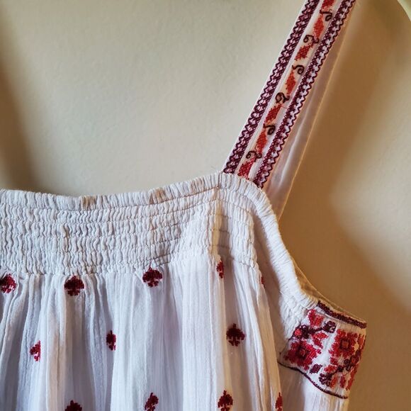 Joie White M Cotton Sun Dress with Red Floral Embroidery Boho Vacation Beach - Picture 8 of 11